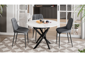 Стол обеденный раздвижной Дуглас Тип 1 Черный муар, Стекло матовое белый мрамор