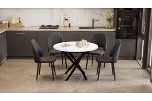 Стол обеденный раздвижной Дуглас Тип 1 Черный муар, Стекло матовое белый мрамор