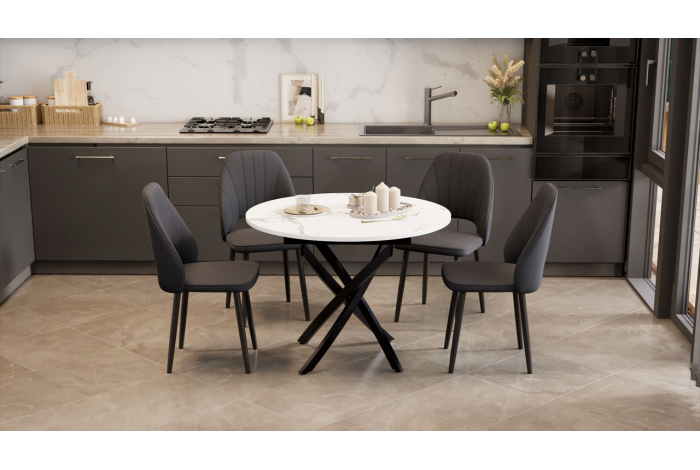 Стол обеденный раздвижной «Дуглас» Тип 1 Черный муар, Стекло матовое белый мрамор