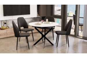 Стол обеденный раздвижной Дуглас Тип 1 Черный муар, Стекло матовое белый мрамор