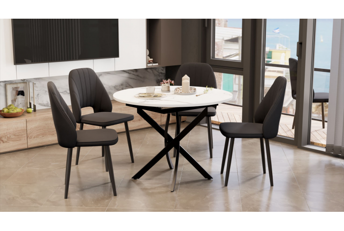 Стол обеденный раздвижной «Дуглас» Тип 1 Черный муар, Стекло матовое белый мрамор