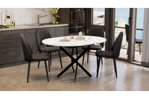 Стол обеденный раздвижной Дуглас Тип 1 Черный муар, Стекло матовое белый мрамор