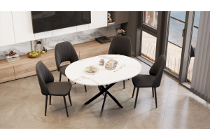 Стол обеденный раздвижной Дуглас Тип 1 Черный муар, Стекло матовое белый мрамор