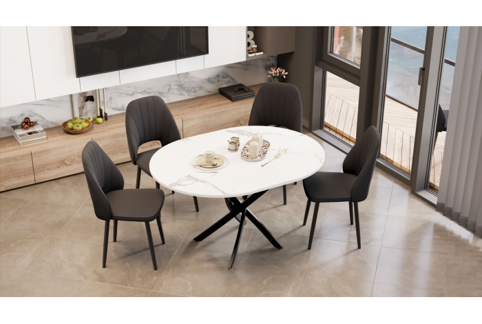 Стол обеденный раздвижной «Дуглас» Тип 1 Черный муар, Стекло матовое белый мрамор