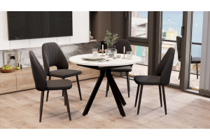 Стол обеденный раздвижной Дуглас Тип 2 Черный муар, Стекло матовое белый мрамор