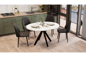 Стол обеденный раздвижной Дуглас Тип 2 Черный муар, Стекло матовое белый мрамор