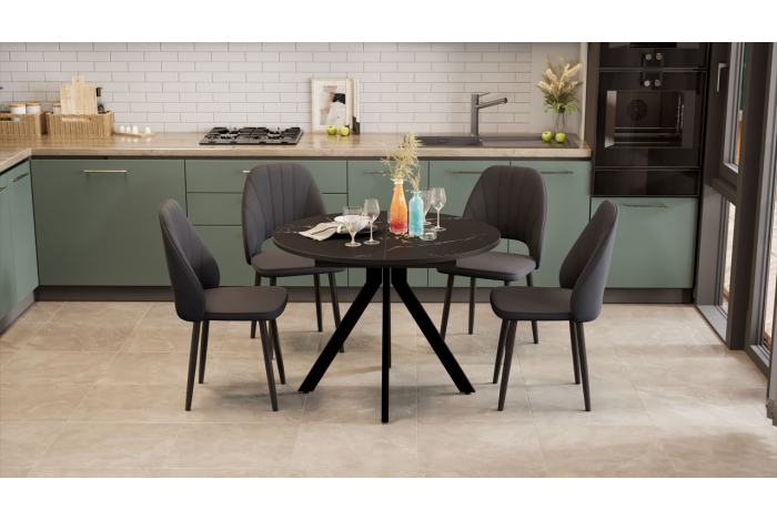 Стол обеденный раздвижной «Дуглас» Тип 2 Черный муар, Стекло матовое черный мрамор