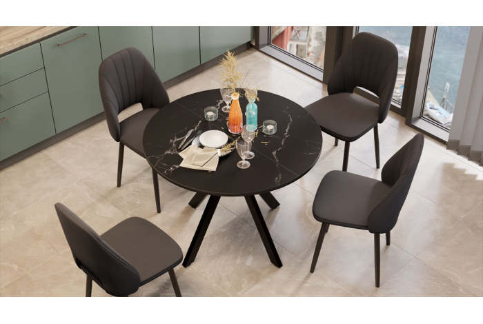 Стол обеденный раздвижной «Дуглас» Тип 2 Черный муар, Стекло матовое черный мрамор