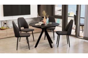 Стол обеденный раздвижной Дуглас Тип 2 Черный муар, Стекло матовое черный мрамор