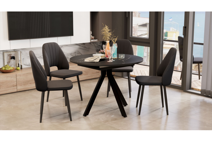 Стол обеденный раздвижной «Дуглас» Тип 2 Черный муар, Стекло матовое черный мрамор