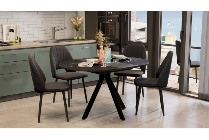 Стол обеденный раздвижной «Дуглас» Тип 2 Черный муар, Стекло матовое черный мрамор