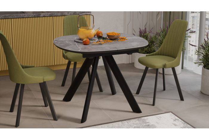 Стол обеденный раздвижной «Найтон» Тип 1 Черный муар, Керамика матовая серый мрамор