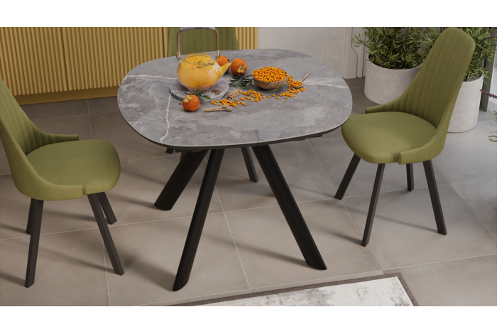 Стол обеденный раздвижной «Найтон» Тип 1 Черный муар, Керамика матовая серый мрамор