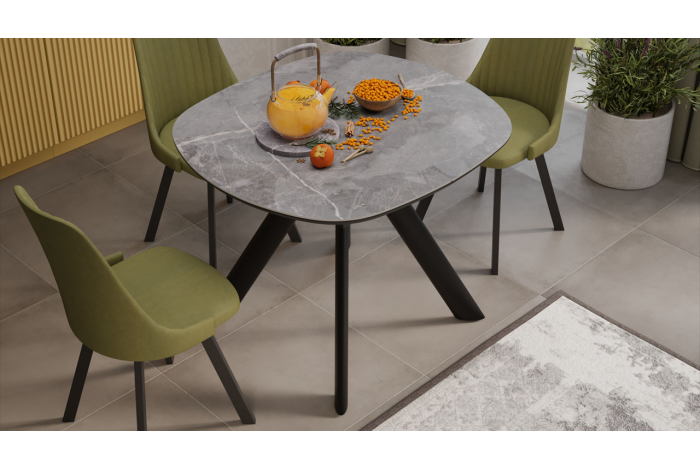 Стол обеденный раздвижной «Найтон» Тип 1 Черный муар, Керамика матовая серый мрамор