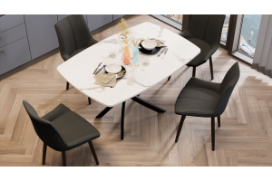 Стол обеденный раздвижной Ниагара Тип 1 Черный муар, Стекло матовое белый мрамор