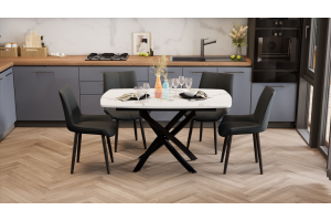 Стол обеденный раздвижной Ниагара Тип 1 Черный муар, Стекло матовое белый мрамор