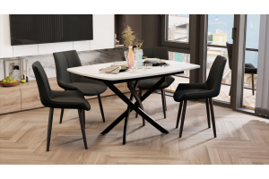 Стол обеденный раздвижной Ниагара Тип 1 Черный муар, Стекло матовое белый мрамор