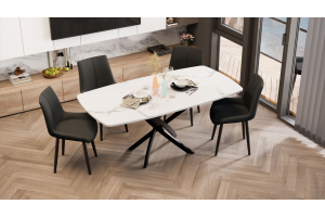 Стол обеденный раздвижной Ниагара Тип 1 Черный муар, Стекло матовое белый мрамор