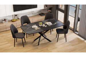 Стол обеденный раздвижной Ниагара Тип 1 Черный муар, Стекло матовое черный мрамор