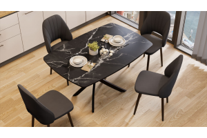 Стол обеденный раздвижной Ниагара Тип 1 Черный муар, Стекло матовое черный мрамор