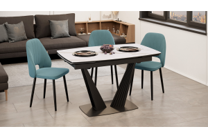 Стол обеденный раздвижной Трэвис Тип 1 Черный муар, Керамика матовая белый мрамор