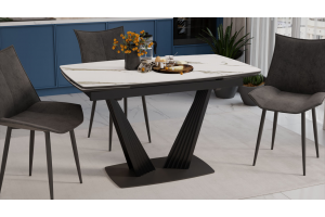 Стол обеденный раздвижной Трэвис Тип 1 Черный муар, Керамика матовая белый мрамор