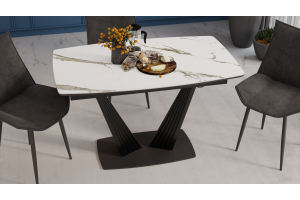 Стол обеденный раздвижной Трэвис Тип 1 Черный муар, Керамика матовая белый мрамор