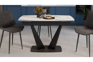 Стол обеденный раздвижной Трэвис Тип 1 Черный муар, Керамика матовая белый мрамор