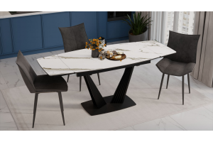Стол обеденный раздвижной Трэвис Тип 1 Черный муар, Керамика матовая белый мрамор