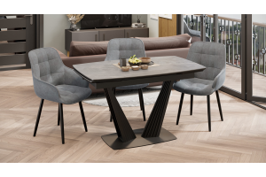 Стол обеденный раздвижной Трэвис Тип 1 Черный муар, Керамика матовая серый мрамор