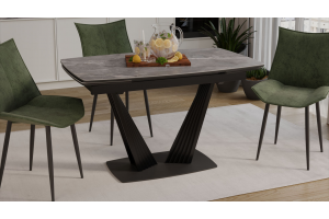 Стол обеденный раздвижной Трэвис Тип 1 Черный муар, Керамика матовая серый мрамор