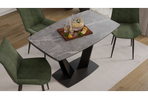 Стол обеденный раздвижной Трэвис Тип 1 Черный муар, Керамика матовая серый мрамор