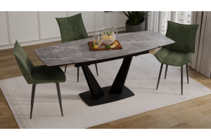 Стол обеденный раздвижной Трэвис Тип 1 Черный муар, Керамика матовая серый мрамор