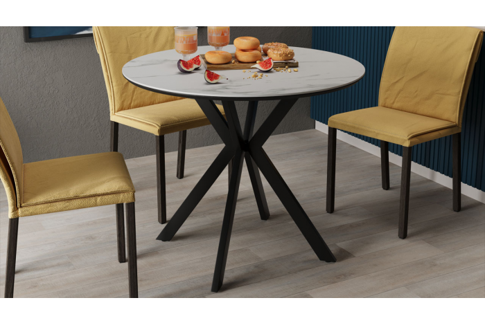 Стол обеденный «Эрвин» Тип 1 Черный муар, Керамика матовая белый мрамор