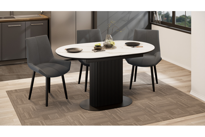 Стол обеденный раздвижной «Эридан» Тип 2 Черный муар, Керамика матовая белый мрамор