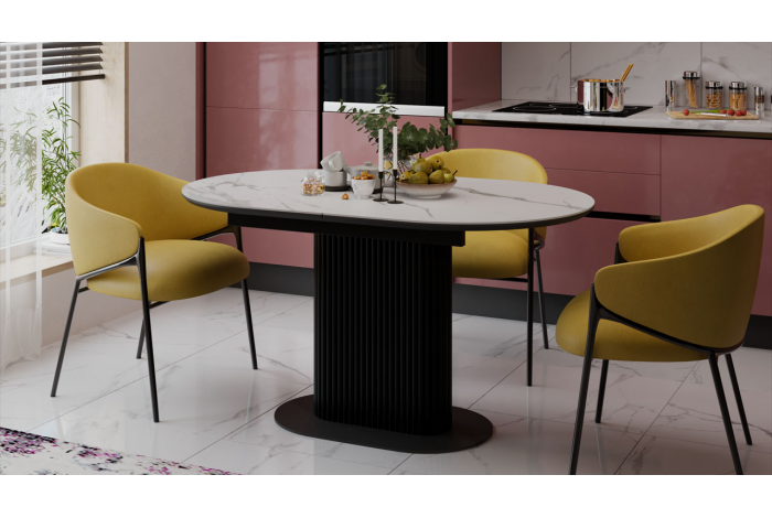 Стол обеденный раздвижной «Эридан» Тип 2 Черный муар, Керамика матовая белый мрамор