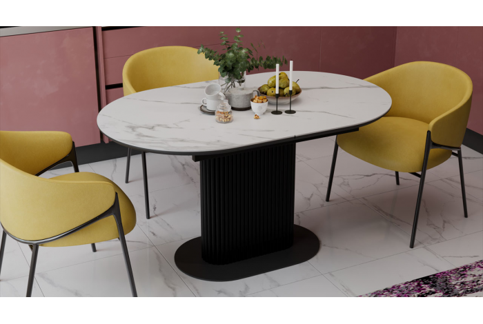 Стол обеденный раздвижной «Эридан» Тип 2 Черный муар, Керамика матовая белый мрамор