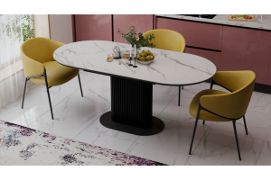 Стол обеденный раздвижной Эридан Тип 2 Черный муар, Керамика матовая белый мрамор