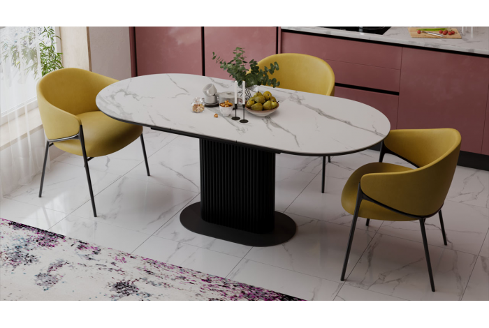 Стол обеденный раздвижной «Эридан» Тип 2 Черный муар, Керамика матовая белый мрамор