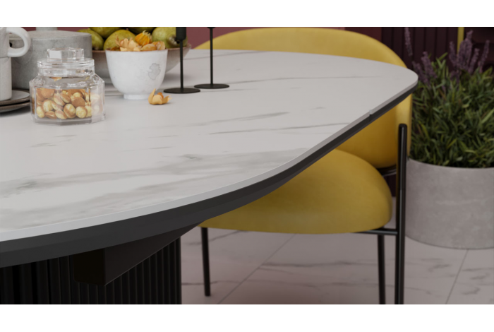 Стол обеденный раздвижной «Эридан» Тип 2 Черный муар, Керамика матовая белый мрамор
